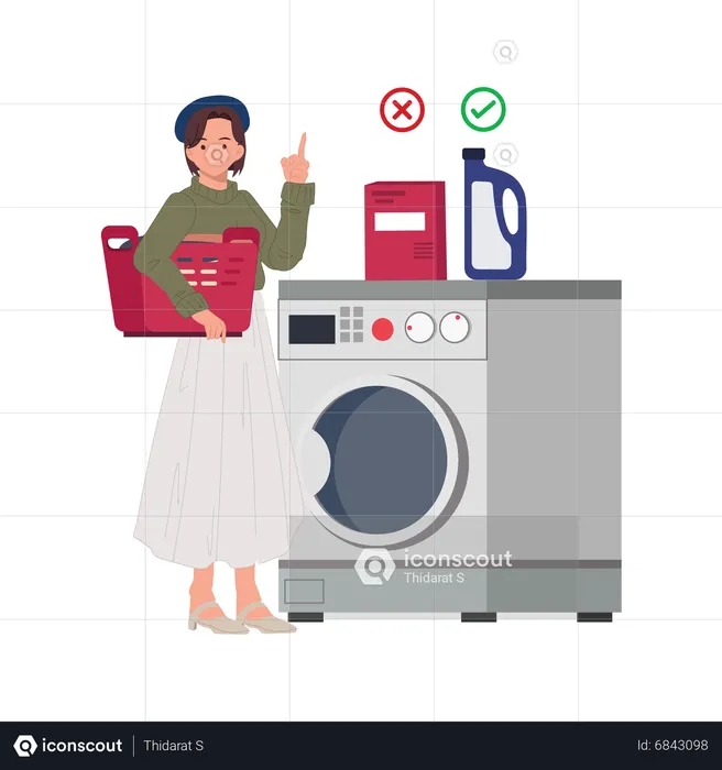 Young woman giving information about washing liquid and washing powder  Illustration