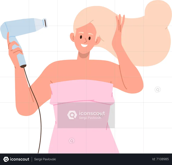 Young woman hairstyling drying wet hair with dryer  Illustration