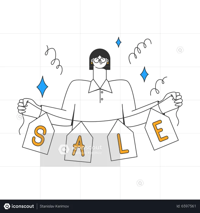 Young woman hangs banner advertising sale  Illustration