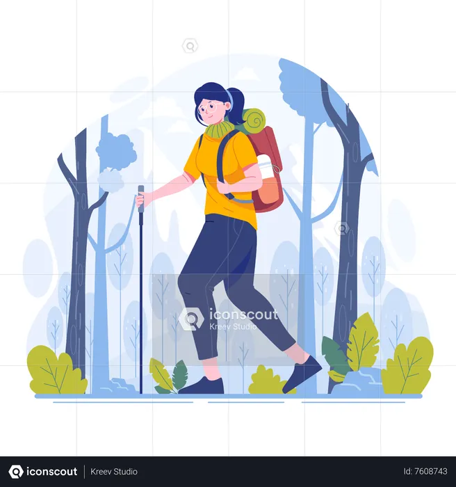 Young woman hiking a mountain  Illustration