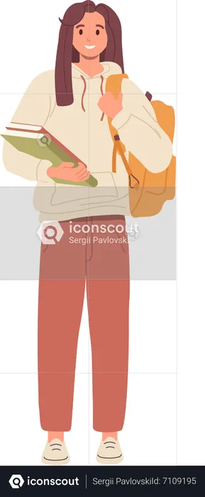 Young woman holding books in hand and carrying bag on shoulders  Illustration