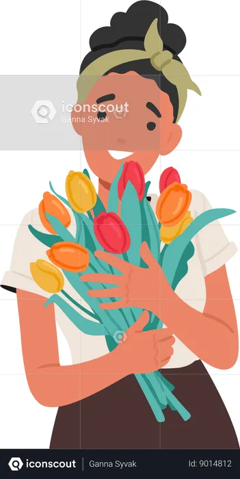 Young Woman Holding Bouquet Of Tulip Flower  Illustration