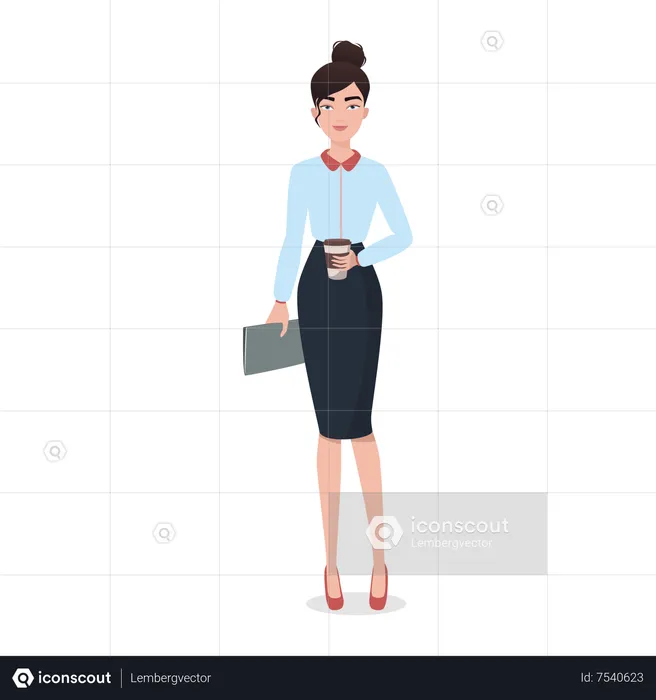 Young woman holding coffee cup business report  Illustration
