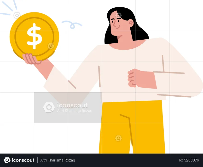 Young woman holding coin  Illustration