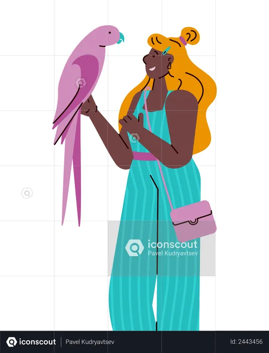 Young woman holding colorful pink parrot  Illustration