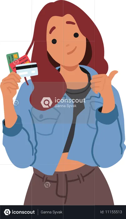 Young Woman Holding Credit Cards And Giving Thumbs Up  Illustration