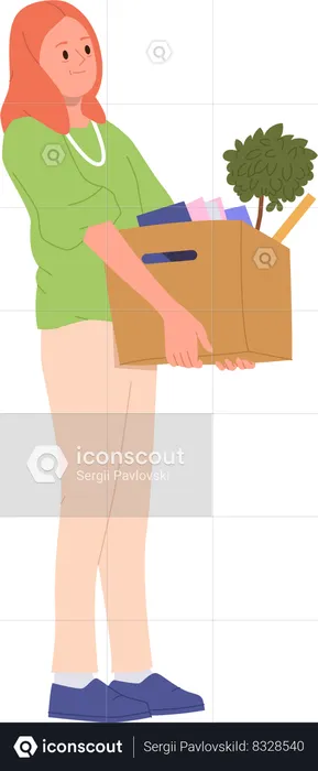 Young woman holding heavy box with personal belongings  Illustration