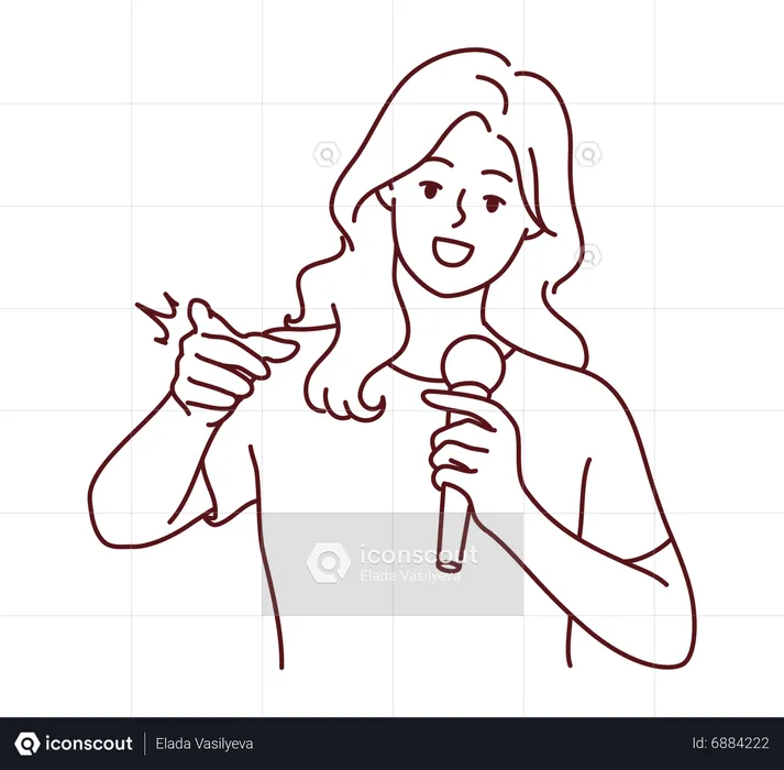Young woman holding mike and pointing someting  Illustration