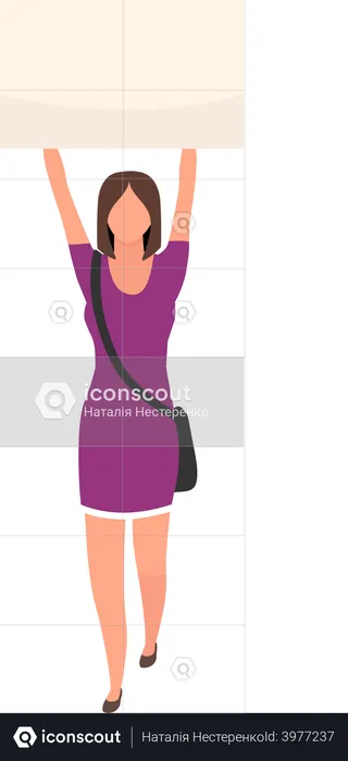Young woman holding poster above head  Illustration