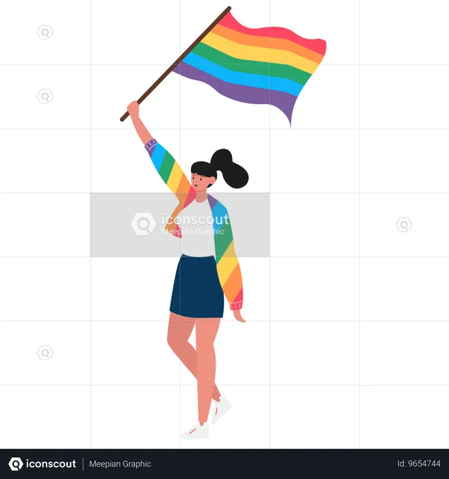 LGBTQのプライドを祝うレインボーフラッグを掲げる若い女性  イラスト