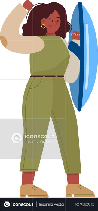 Young woman holding shield while showing her strong arm  Illustration