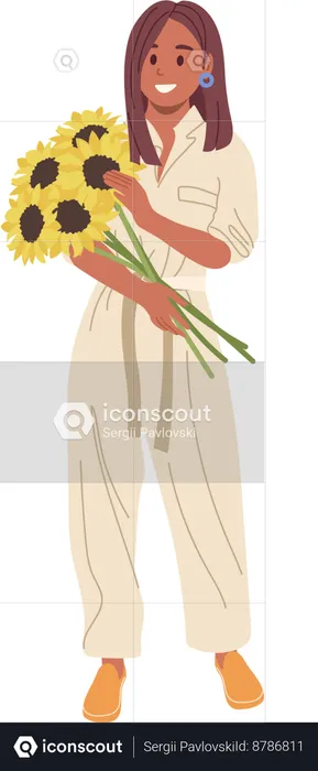 Young woman holding sunflower bouquet  Illustration