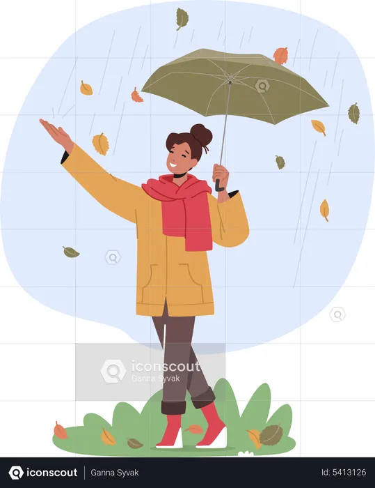 Young Woman Holding Umbrella Stand under Rain and Falling Leaves at Autumn Season  Illustration