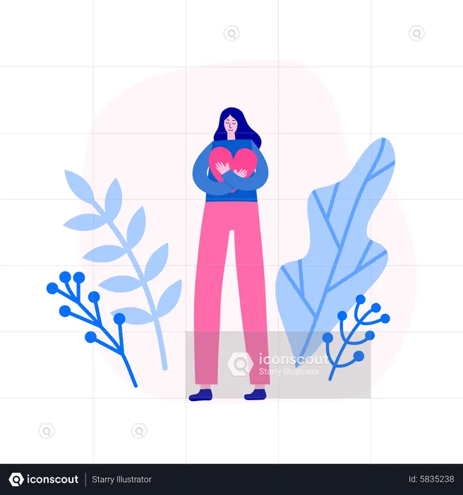 Young woman hugging herself with heart  Illustration