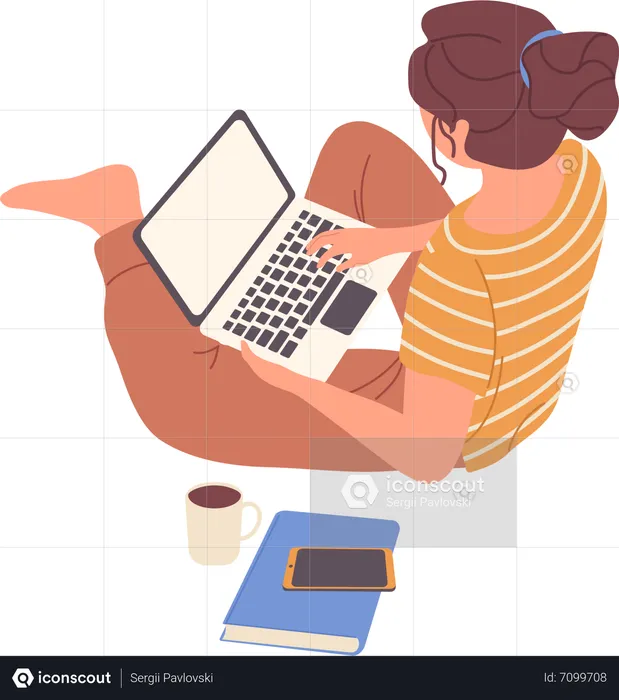 Young woman in casual clothes using laptop while sitting on home floor  Illustration