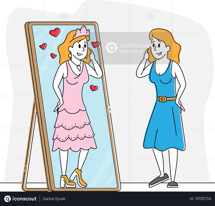 Young Woman in Casual Clothing Look in Big Mirror Imagine herself Queen of Beauty  Illustration