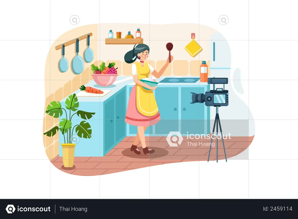 Young woman in kitchen recording new recipe video on camera  Illustration