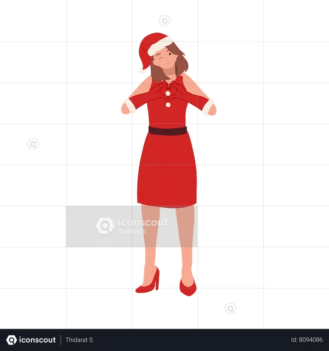 Young Woman in Santa Claus Costume and making heart shape  Illustration