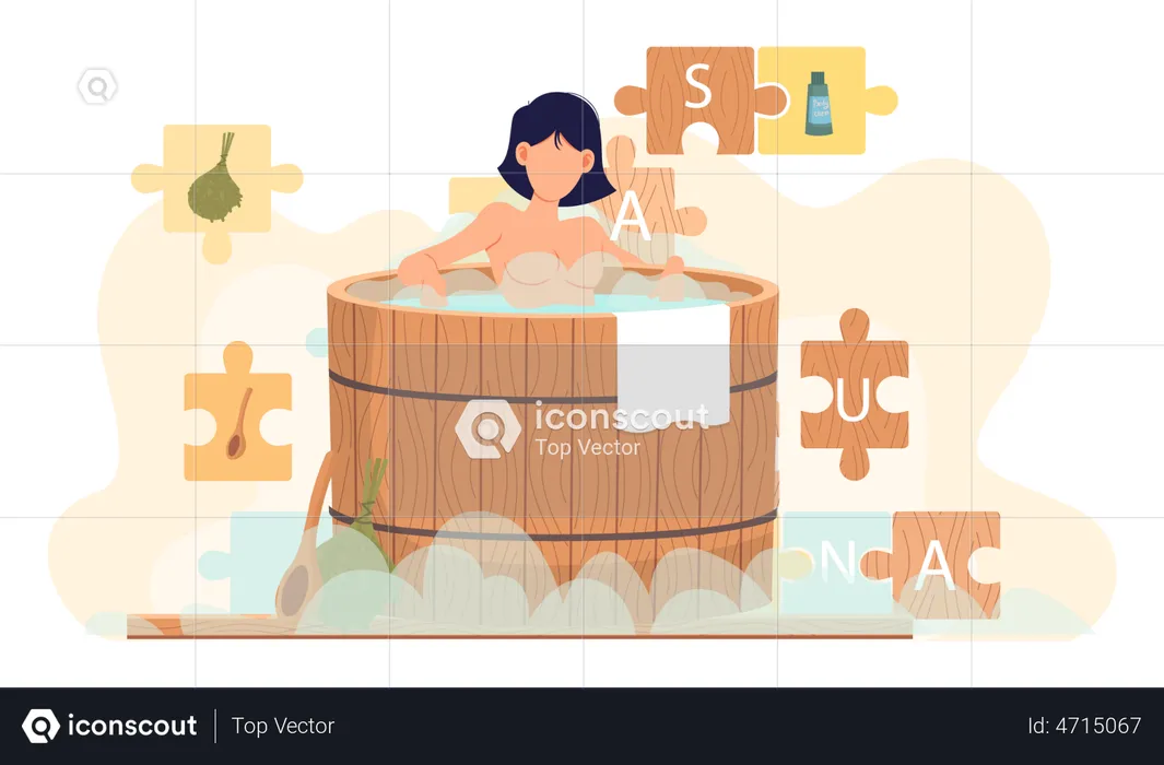 Young woman is sitting in wooden tub  Illustration