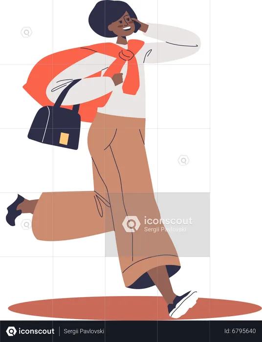 Young woman late to work run talking on smartphone  Illustration