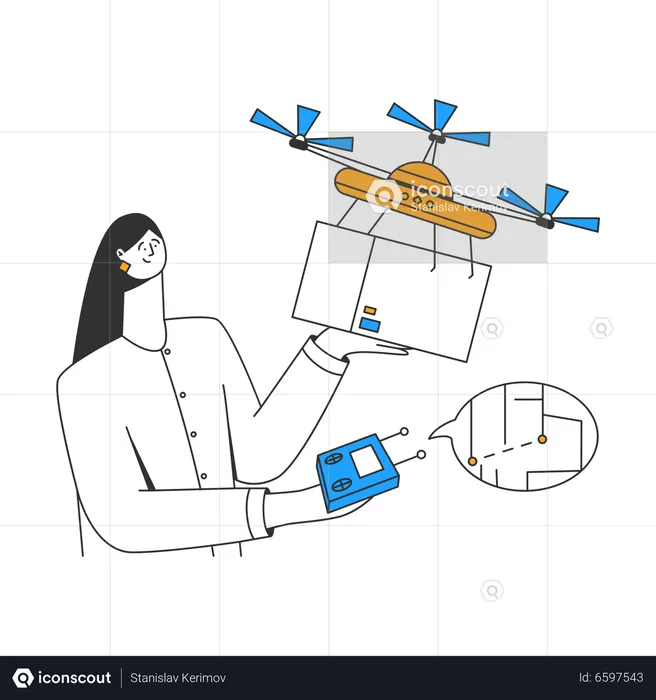 Young woman launches drone with a delivery  Illustration