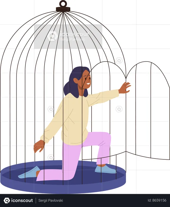 Young woman leaving cage escaping trap opening door  Illustration