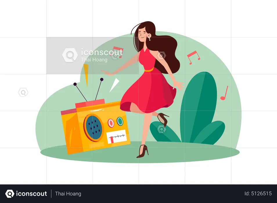Young Woman Listening To Music And Moving With Dancing  Illustration