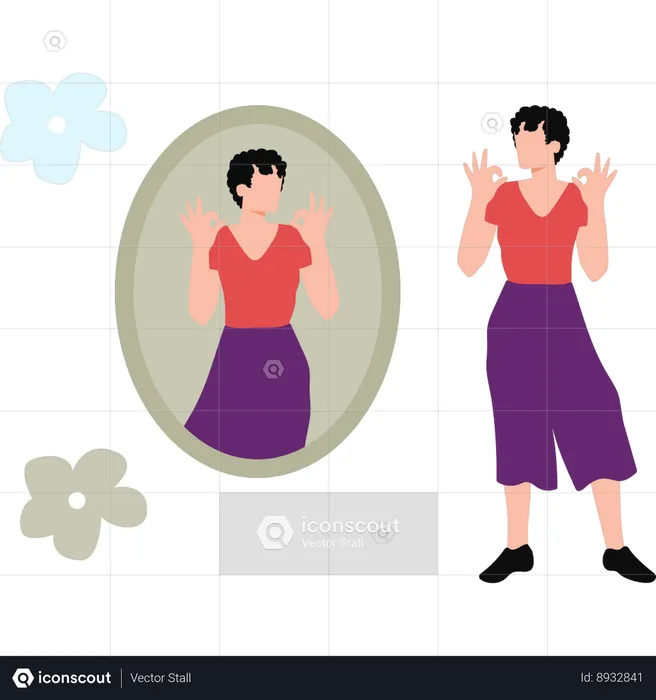Young Woman Looking At Herself In Mirror  Illustration