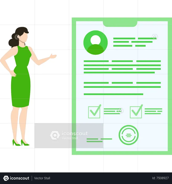 Young woman looking at registration document  Illustration