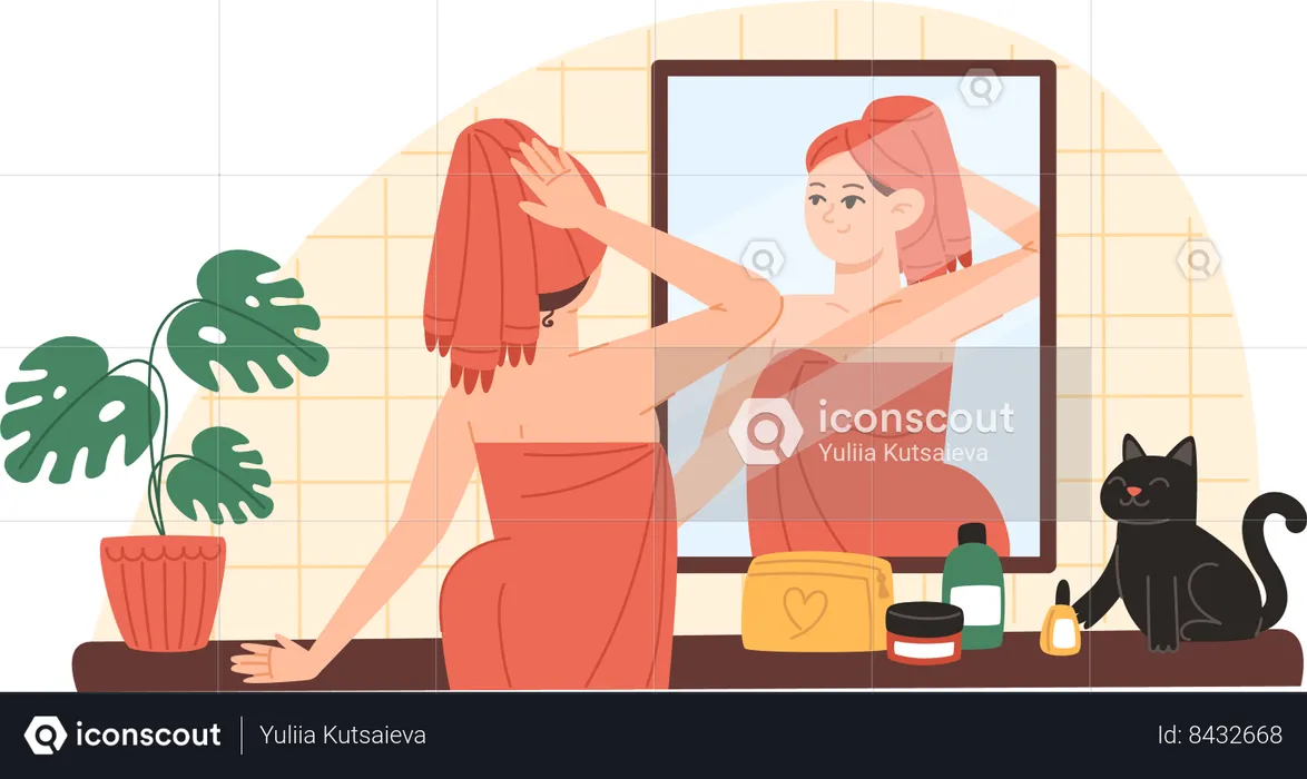 Young woman looks at herself in the mirror in the bathroom and takes care of herself  Illustration