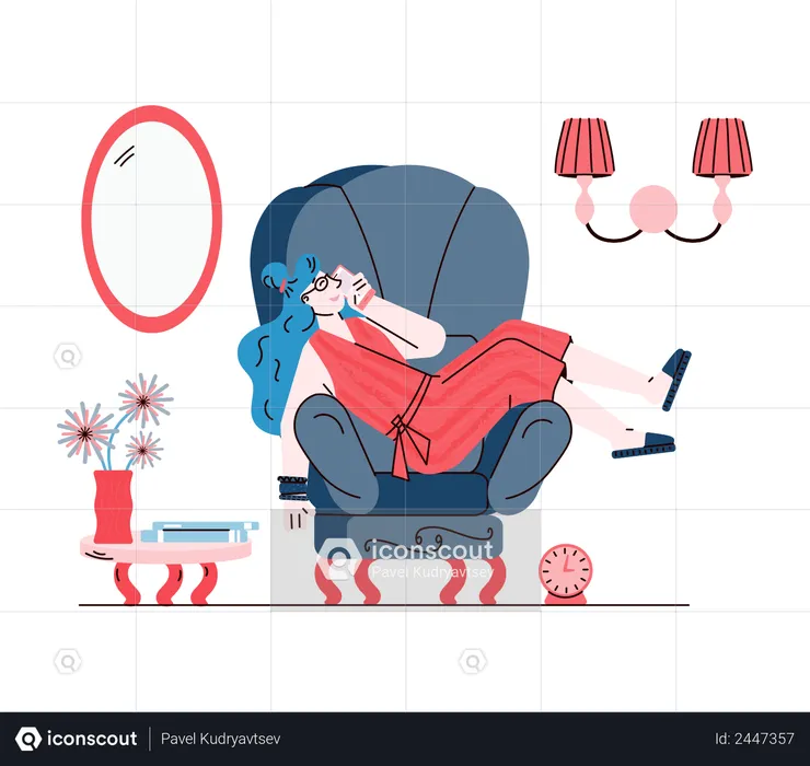 Young woman lying on chair talking on the phone and smiling  Illustration