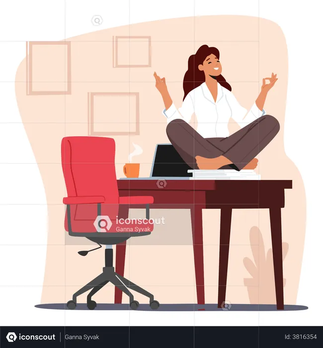 Young Woman Meditating On Workplace  Illustration