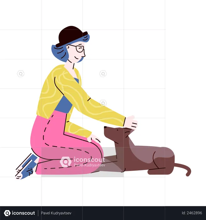Young woman on floor with dog pet  Illustration