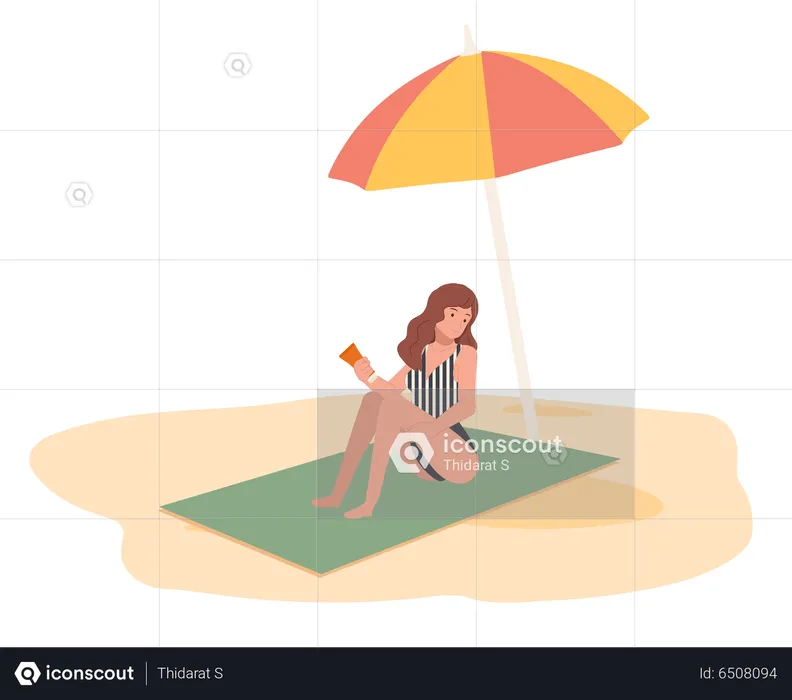 Young Woman On The Beach Sit On Mat And Using Sunscreen  Illustration