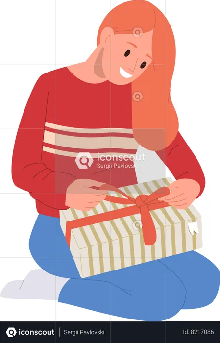 Young woman opening wrapped gift box  Illustration