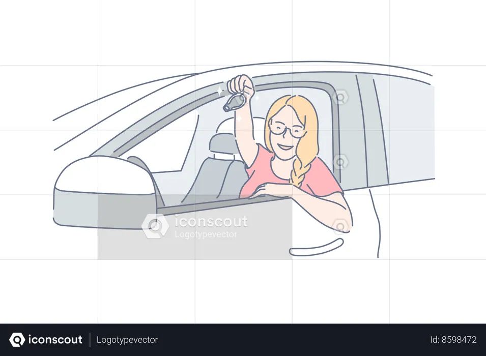 Young woman passed her driving test and got driver license  Illustration