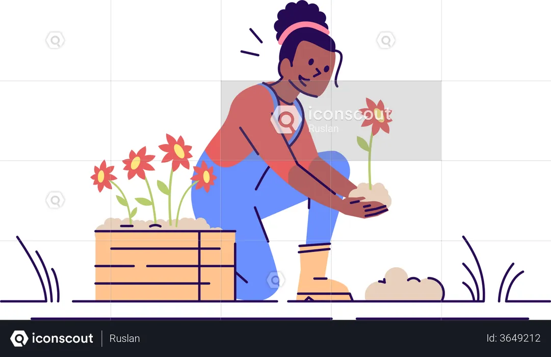 Young woman planting flower  Illustration