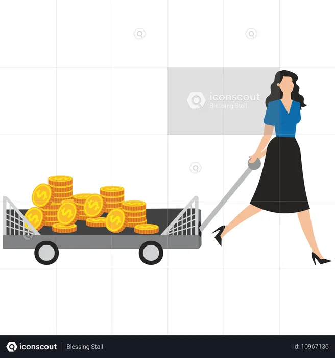 Young woman pulling coins trolly  Illustration