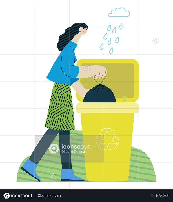 Young woman putting a trash bag into the garbage container for plastic waste  Illustration