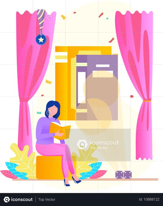 Young woman reading book sitting in library  Illustration