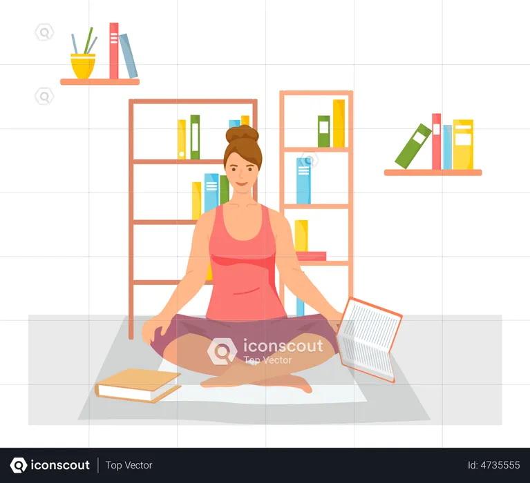 Young woman reading book sitting in lotus position  Illustration