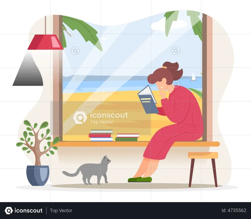 Young woman reading book sitting near window in living room  Illustration