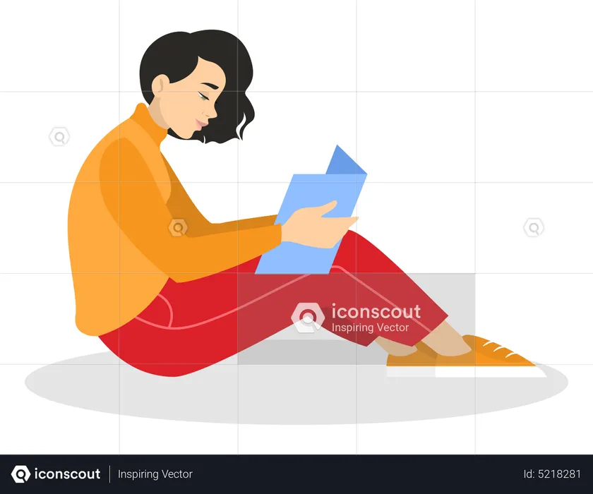 Young woman reading book while sitting on floor  Illustration