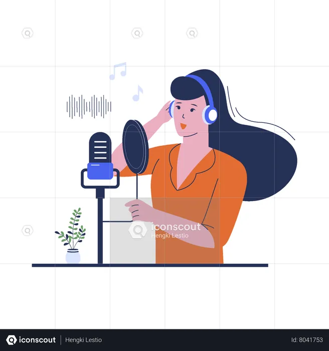 Young woman recording song in professional music studio  Illustration