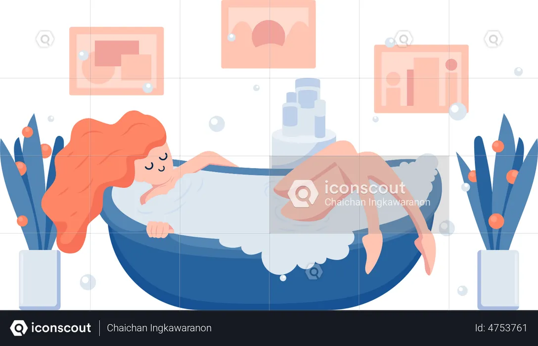 Young Woman Relaxing in Bathtub  Illustration