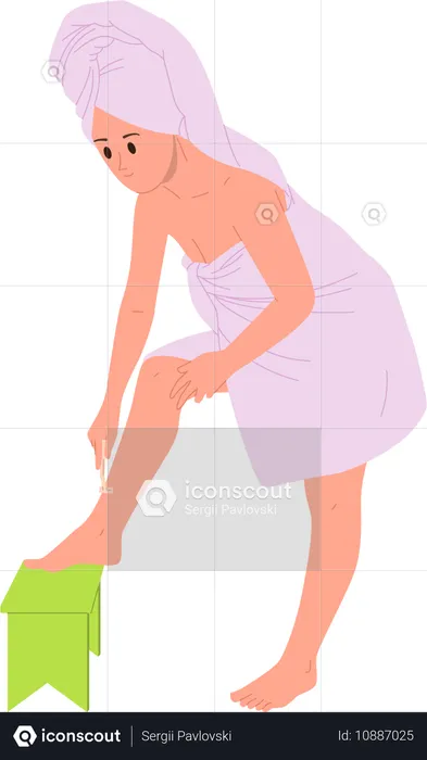 Young woman shaving legs with razor applying skin cream  Illustration