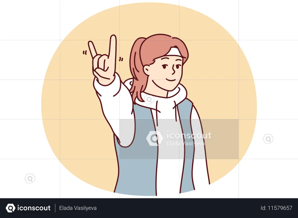 Young woman showing goat gesture demonstrating love for rock and roll to music  Illustration