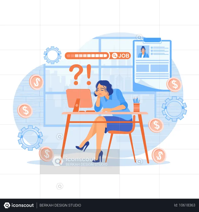 Young woman sitting in front of computer Looking for work online from home  Illustration