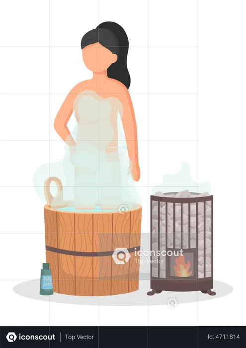 Young woman sitting in tub washing her body in sauna  Illustration