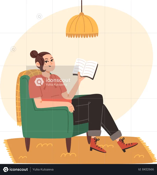 Young woman sitting on armchair and reading book at home  Illustration